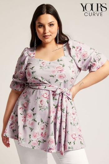 Yours Curve Pink Floral Puff Sleeve Peplum Top (B37485) | £39
