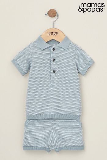 Mamas & Papas Blue Knitted Polo And Shorts Set 2 Piece (B37565) | £29