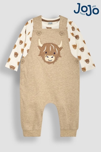 JoJo Maman Bébé Mocha Brown Highland Cow Appliqué Dungarees & Top Set (B37607) | £27