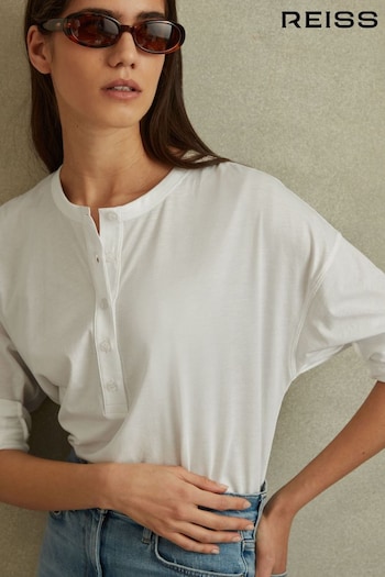 Reiss White Olive Cotton Henley Top (B37626) | £68