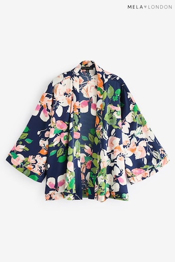Mela Blue Curve Blossom Print Satin Kimono (B37712) | £30