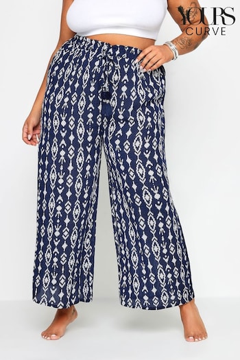 Yours Curve Blue Navy Ikat Print Crinkle Tassel Trousers with (B37891) | £25