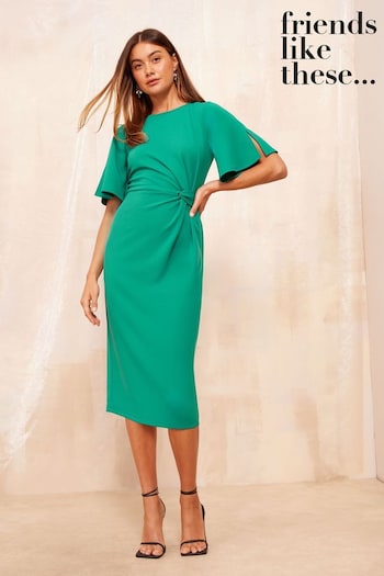 Matching Family Christmas Green Tailored Knot Detail Flutter Sleeve Midi Dress (B38079) | £44