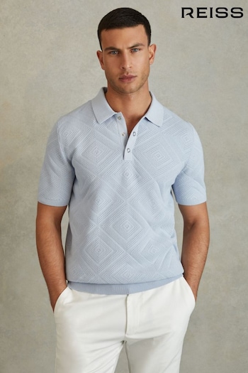 Reiss Soft Blue Lupton Cotton Textured Press-Stud Polo Shirt (B38084) | £98