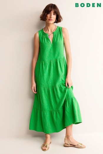 Boden Green Double Cloth Maxi Tiered love Dress (B38099) | £90