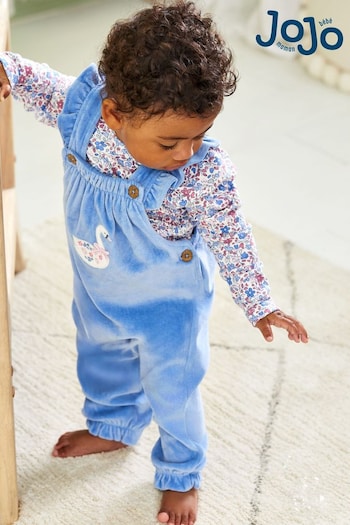 JoJo Maman Bébé Blue Swan Appliqué Velour Dungarees and Top Set (B38147) | £28