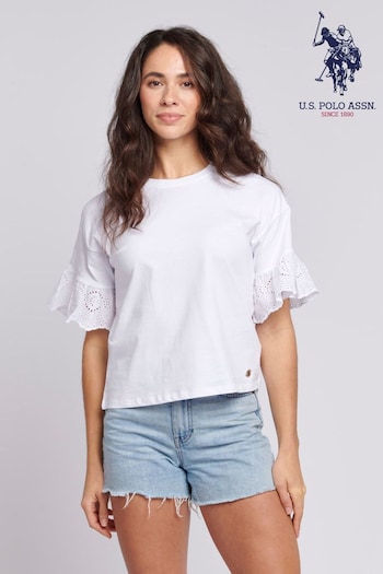 U.S. Polo Driftline Assn. Womens Broderie Anglaise White T-Shirt (B38199) | £30