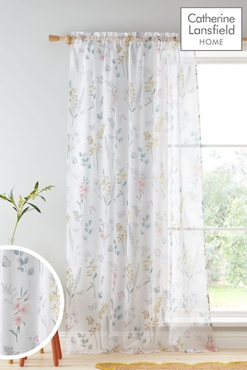 Catherine Lansfield White Emilia Floral Slot Top Voile Panel Curtains (B38204) | £10 - £16