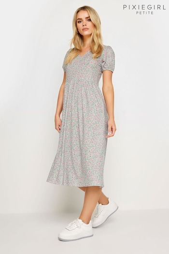 PixieGirl Petite Grey Floral Print V-Neck Midi Dress (B38221) | £32