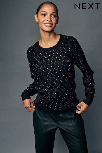 Black Sparkle Crew Neck Long Sleeve Pattern Knitted Jumper (B38342) | £29