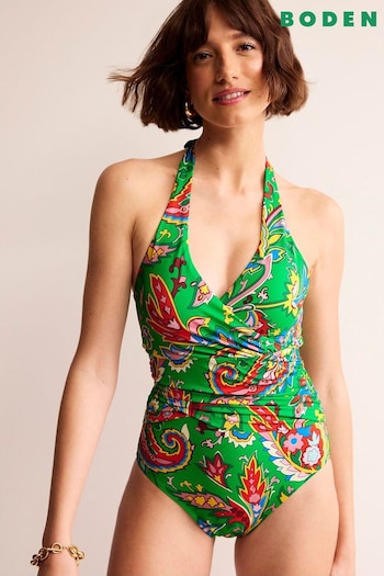 Boden Green Levanzo Ruched Halter Swimsuit (B38521) | £75