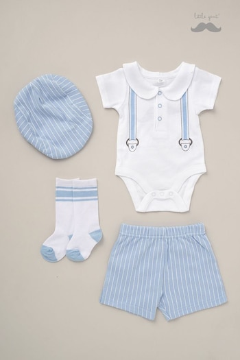 Little Gent Natural Printed Bodysuit Linen Shorts Flat Cap And aus Outfit Set (B38585) | £20