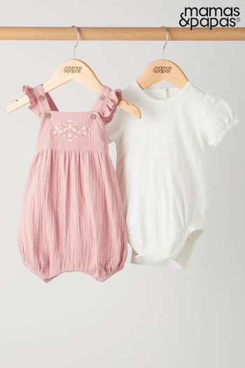gifts & flowers Pink Embroidered Dungarees And Bodysuit Set 2 Piece (B38595) | £29