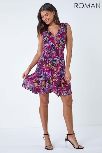 Roman Purple Tropical Leaf Print Frill Wrap Dress randig (B38599) | £52