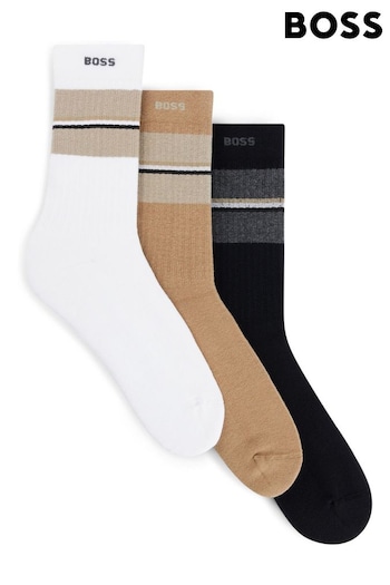 BOSS White/Black/Neutral Regular Length Ribbed Stripe Branded Socks 3 Pack (B38629) | £28