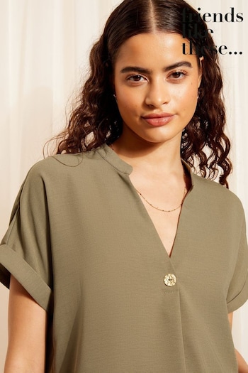 Friends Like These Khaki Green V Neck Roll Sleeve Button Blouse (B38640) | £27