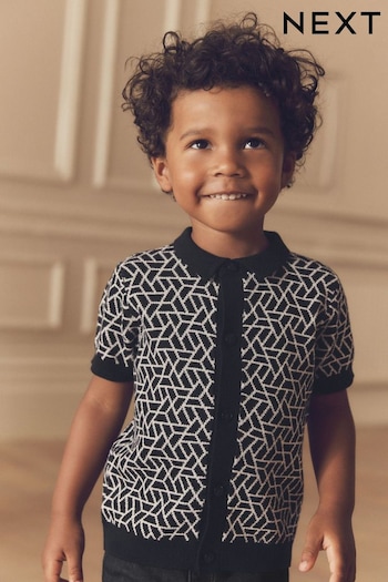 Black Geo Button Through Knitted Short Sleeve 100% Cotton Polo Shirt (3mths-7yrs) (B38662) | £12 - £14