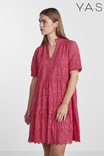 Y.A.S Pink Broderie Long Sleeve Tiered Dress (B38763) | £75