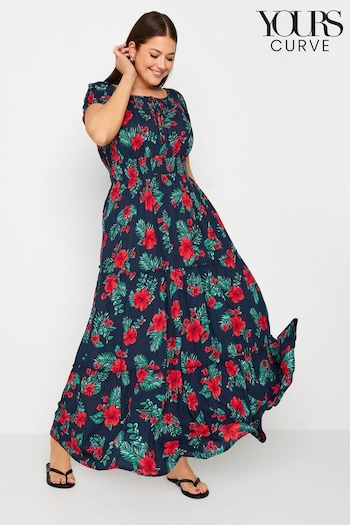 Yours Curve Blue Black Floral Tropical Print Bardot Maxi Dress (B38914) | £38