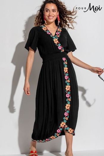 Pour Moi Black LENZING™ ECOVERO™ Viscose Crinkle Embroidered Beach Dress (B38922) | £45