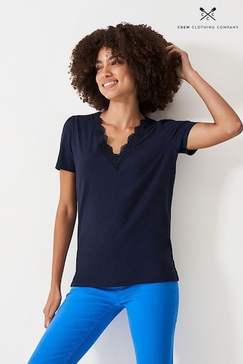 Crew Clothing Company Navy Blue Lace Cotton Blouse (B38929) | £32