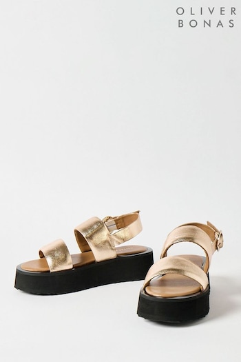 Oliver Bonas Gold Leather Chunky Flatform Sandals word (B39291) | £75