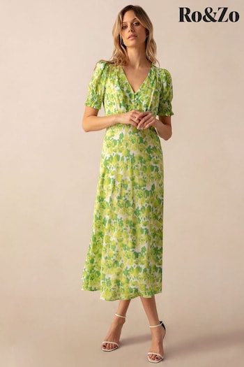 Ro&Zo Green Botanical Floral Print Shirred Cuff Mdii Dress (B39683) | £99
