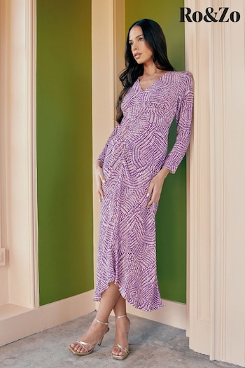 Ro&Zo Purple Geo Print Ruched Front Midi Dress (B39688) | £129