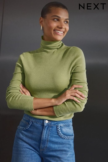 Green Olive 100% Merino Wool Premium High Roll Neck Knitted Jumper (B39692) | £52