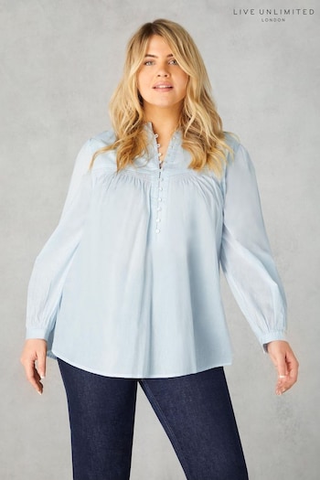 Live Unlimited Curve Blue Cotton Button Front Relaxed Blouse (B39713) | £65