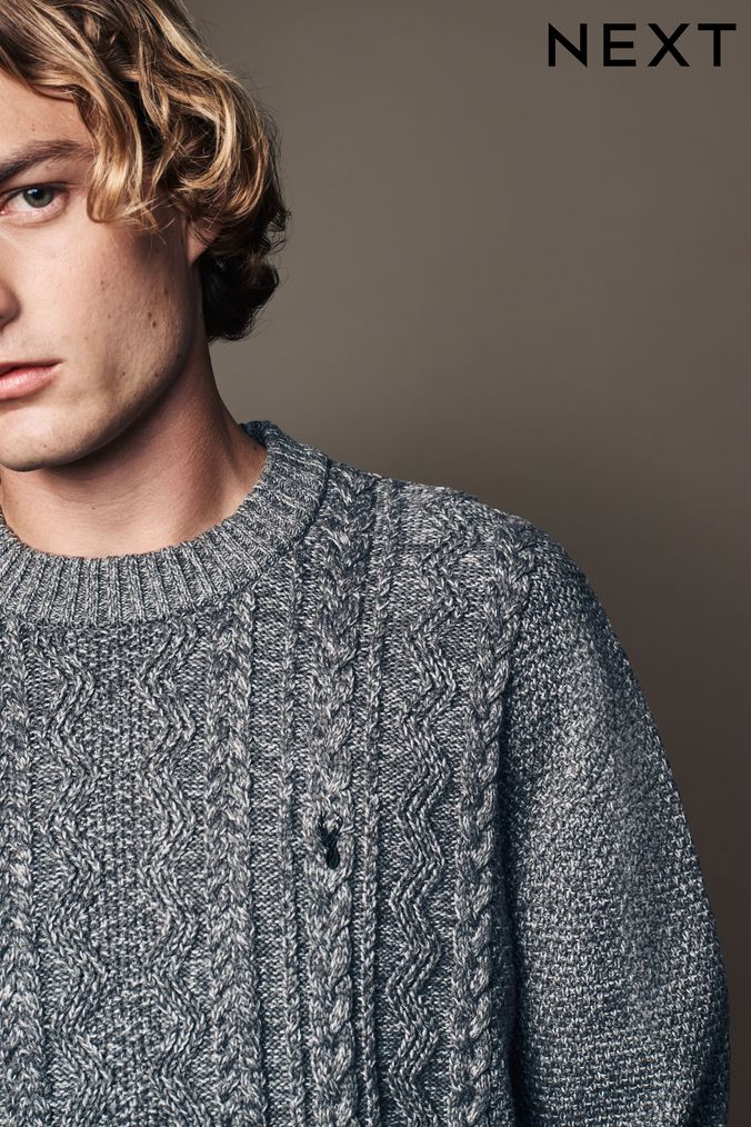 Mens Grey Cable Knitwear Next Official Site