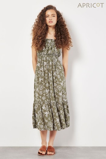 Apricot Green Floral Silhouette Smocked Midi CROPPED Dress (B39878) | £39