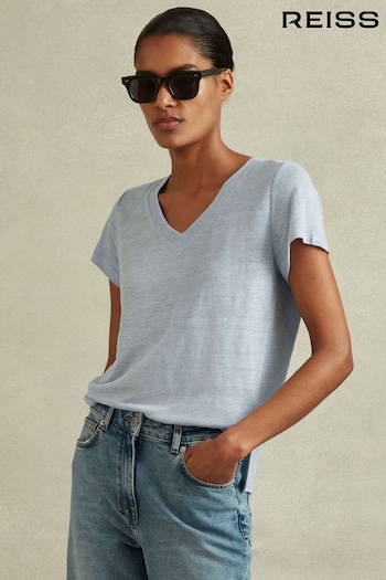 Reiss Light Blue Lottie Marled Linen V-Neck T-Shirt (B40115) | £58