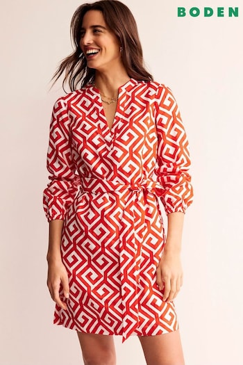 Boden Red Cleo Linen Tie Waist Dress Pocket (B40336) | £98