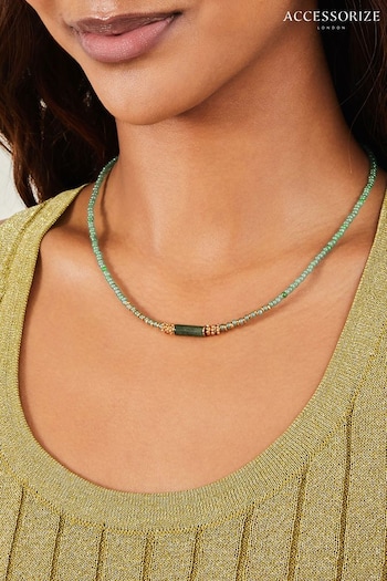 Accessorize Green 14ct Gold-Plated Aventurine Beaded Necklace (B40605) | £22
