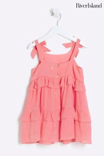 River Island Pink Mini Girls Coral Sparkle Tiered Dress (B40617) | £16