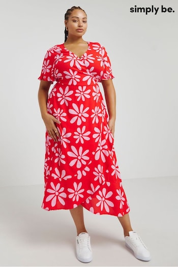 Simply Be Red Floral Print Crinkle Wrap Midi vide Dress (B40670) | £42