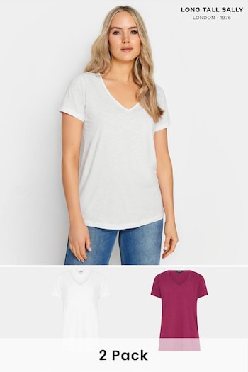 Long Tall Sally White & Berry Red V-Neck T-Shirts 2 Pack (B40675) | £23