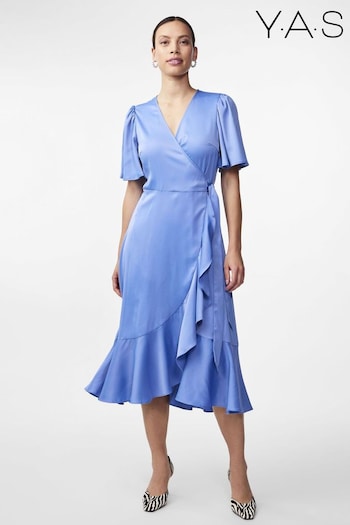 Y.A.S Blue Satin Wrap Ruffle Dress (B40857) | £75