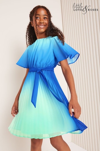 Love & Roses Blue Ombre Flutter Sleeve Pleated Dress (5-16yrs) (B40883) | £42 - £50