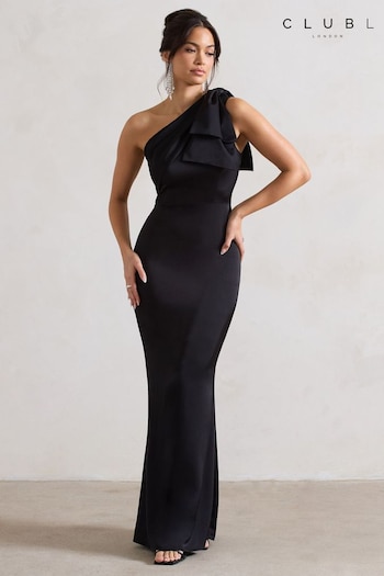 Club L Black Lady Satin Asymmetric Maxi Dress With Bow (B41263) | £120