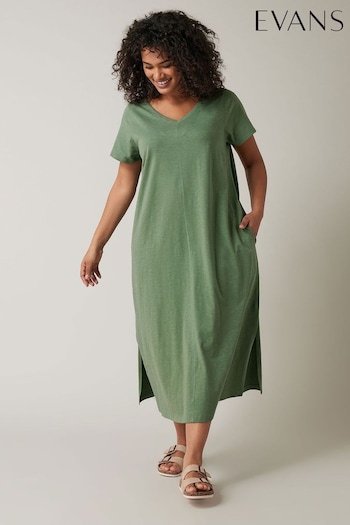 EVANS Curve Khaki Green Cotton Midi Dress (B41302) | £29