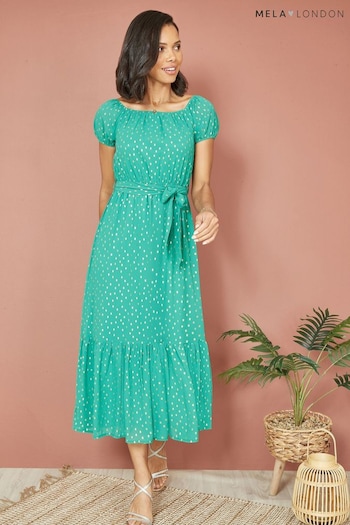 Mela Green Foil Print Bardot Midi Dress (B41376) | £45