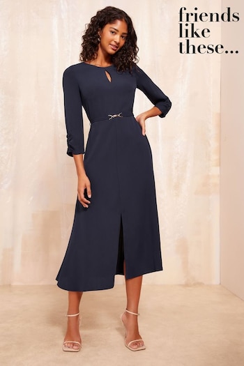 Friends Like These Navy Blue Tulip Sleeve Belted Flute Hem Dress (B41504) | £49