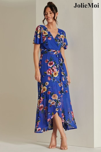 Jolie Moi Blue Frill Dip Hem Mesh Midi Dress (B41597) | £85