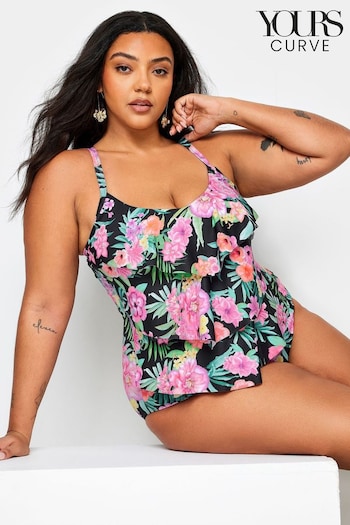 Yours Curve Black Floral Print Frill Tummy Control Swimsuit (B41649) | £38