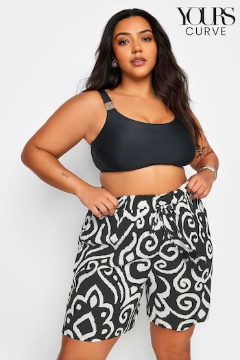 Yours Curve Black Abstract Print Crinkle Tassel Shorts (B41796) | £22
