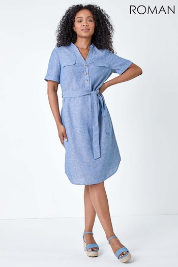 Roman Blue Linen Blend Shirt Shift Dress och (B41832) | £42