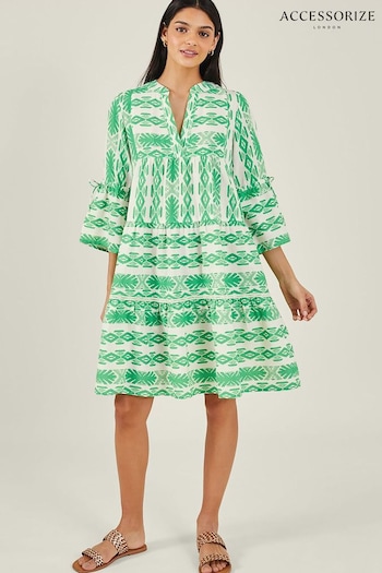 Accessorize Green Print Jacquard Flute Sleeve Dress (B42075) | £45