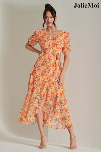 Jolie Moi Orange Print Metallic Textured Chiffon Maxi Dress (B42093) | £75